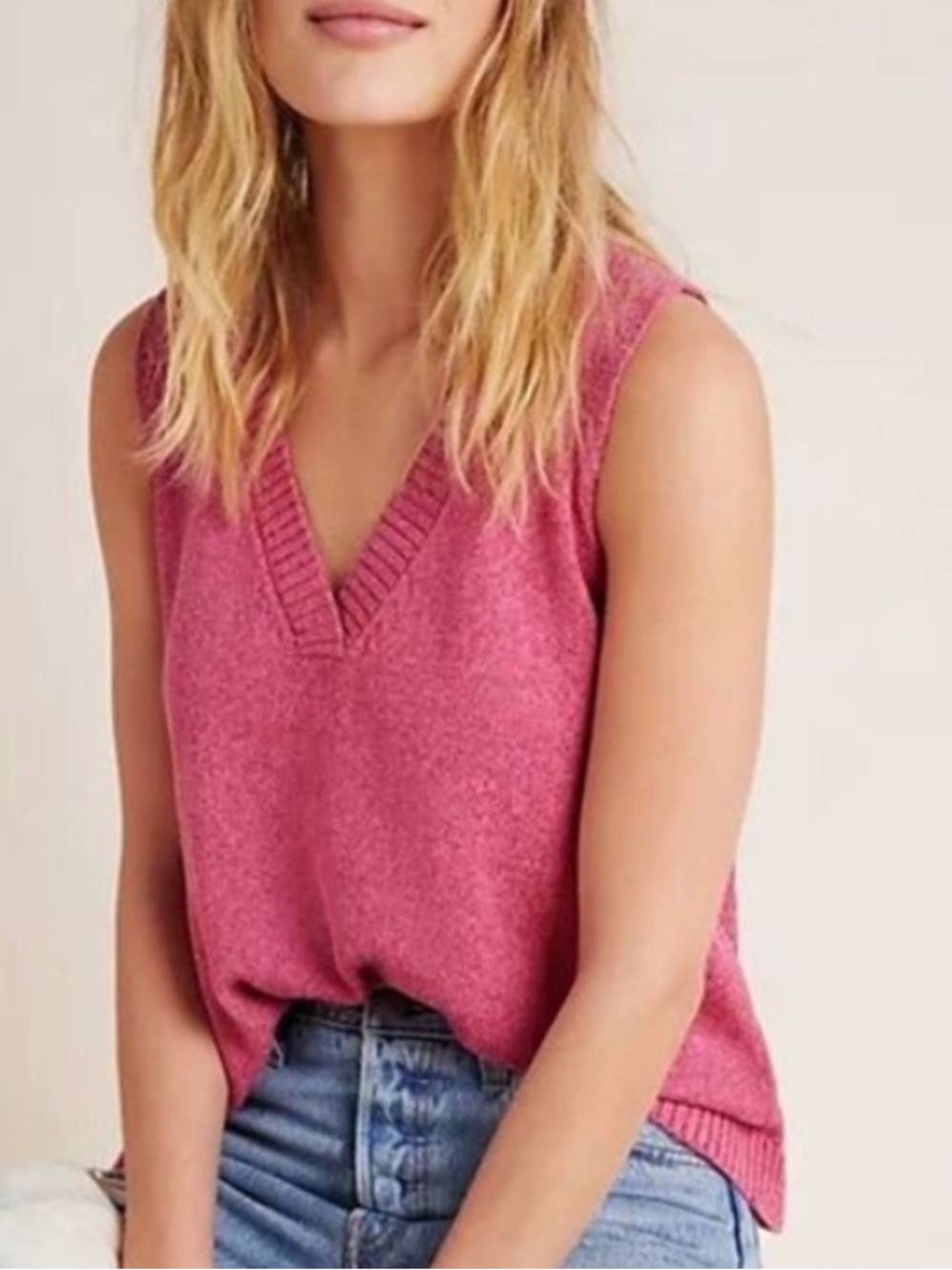Anthropologie Camilla Pink V-Neck Knit Flowy Sweater Tank Top Vest SZ Small D133